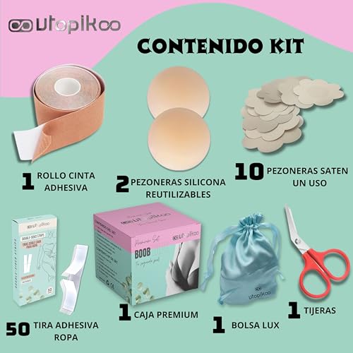 UTOPIKOO Boob Tape.Cinta Adhesiva Pecho 5m+2 Pezoneras Adhesivas Invisibles Silicona Reutilizables 8,5 cm.+10 Cubre Pezones Saten+50 Cinta Doble Cara Ropa y Piel+Tijeras+ Bolsita Viaje- Set Premium