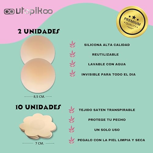 UTOPIKOO Boob Tape.Cinta Adhesiva Pecho 5m+2 Pezoneras Adhesivas Invisibles Silicona Reutilizables 8,5 cm.+10 Cubre Pezones Saten+50 Cinta Doble Cara Ropa y Piel+Tijeras+ Bolsita Viaje- Set Premium