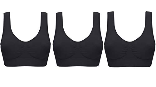 UtopyaUK Paquete de 3 Sujetadores cómodos Acolchados para Mujeres y niñas con Almohadillas para Yoga Bralette de elástico Chaleco Deportivo (3XL, 3 Negro)