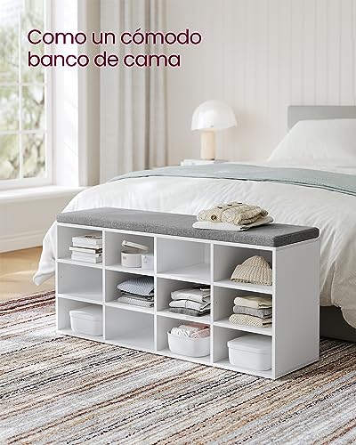 VASAGLE Banco Zapatero, Zapatero con Asiento, con Cojín y 12 Compartimientos, Estantes Ajustables, para Entrada, Sala de Estar, 30,3 x 104 x 48 cm, Blanco Clásico LHS012W14