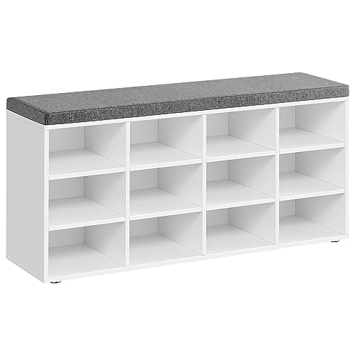 VASAGLE Banco Zapatero, Zapatero con Asiento, con Cojín y 12 Compartimientos, Estantes Ajustables, para Entrada, Sala de Estar, 30,3 x 104 x 48 cm, Blanco Clásico LHS012W14