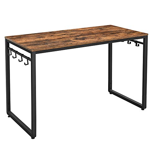 VASAGLE Escritorio, Mesa de Ordenador, Mesa de Oficina con 8 Ganchos, 120 x 60 x 75 cm, para Estudio, Oficina, Fácil de Montar, Metal, Diseño Industrial, Marrón Rústico y Negro LWD58X