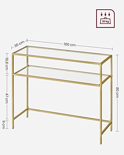 VASAGLE Mesa de Consola, Mesa de Entrada, Extremo del SofÁ, Tablero de Vidrio Templado, Marco de Metal, Patas Ajustables, para SalÓn, Entrada, Pasillo, Dorado y Transparente LGT025A01