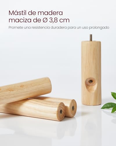 VASAGLE Perchero de Pie, Perchero de Madera Maciza, Perchero en Forma de Árbol, 8 Ganchos, 3 Alturas Ajustables, para Ropa, Sombrero y Bolso, para Salón, Dormitorio y Oficina, Blanco RCR04WT