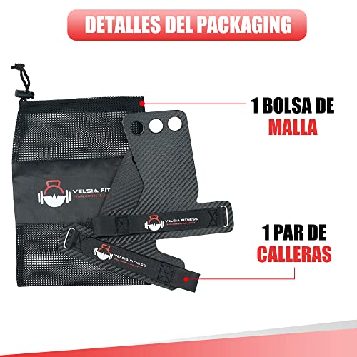 VELSIA Calleras para Crossfit - Carbon Fiber Grips 3H, Calleras Crossfit Mujer y Hombre, Guantes para Crossfit, Guantillas Crossfit, Gimnasio, Training, Calistenia,Box (L)