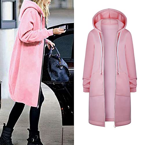 Venta con capucha de cordón para mujer con capucha con cremallera de moda y abrigo largo chic y elegante otoño invierno de gran tamaño chaqueta sudaderas de manga larga casual Streetwear color sólido,