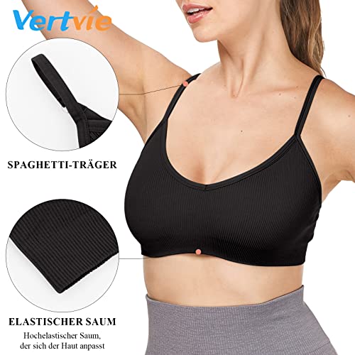 Vertvie Juego de 2/3/4 sujetador deportivo para mujer, sujetador sin aros, sin costuras, acolchado con tirantes finos Negro/blanco/color piel. S