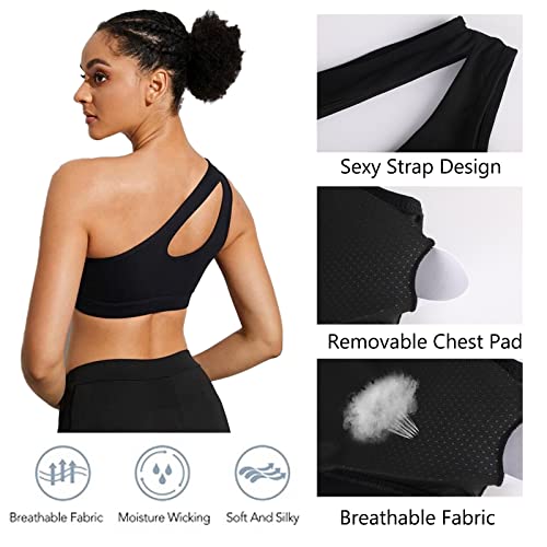 Vertvie Sujetador deportivo para mujer, con un solo hombro, sexy, sin aros, para entrenamiento, acolchado, push up, cómodo, para yoga, fitness, entrenamiento, apoyo medio, Negro , L