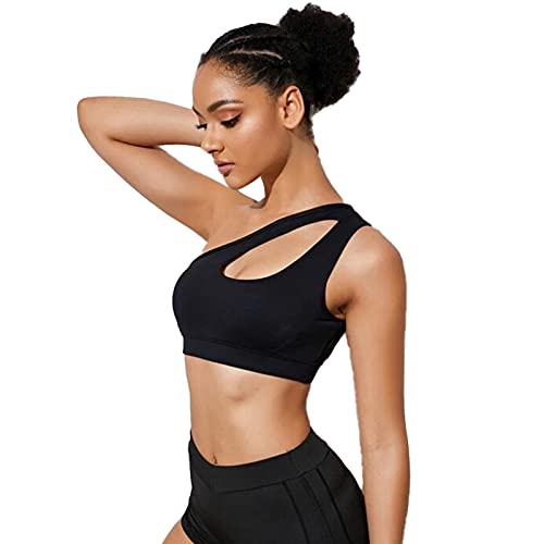 Vertvie Sujetador deportivo para mujer, con un solo hombro, sexy, sin aros, para entrenamiento, acolchado, push up, cómodo, para yoga, fitness, entrenamiento, apoyo medio, Negro , L