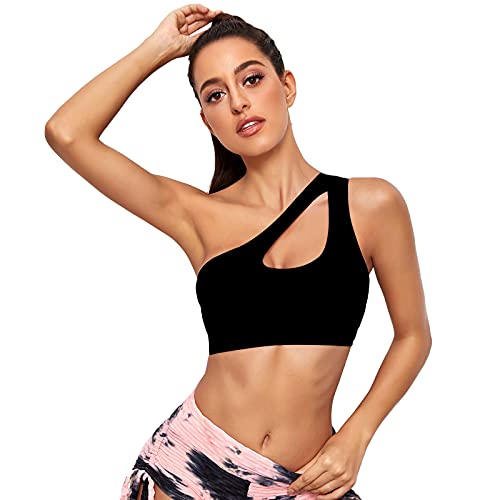 Vertvie Sujetador deportivo para mujer, con un solo hombro, sexy, sin aros, para entrenamiento, acolchado, push up, cómodo, para yoga, fitness, entrenamiento, apoyo medio, Negro , L