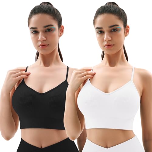 Vertvie Sujetador deportivo para mujer, con un solo hombro, sexy, sin aros, para entrenamiento, acolchado, push up, cómodo, para yoga, fitness, entrenamiento, apoyo medio, Negro + blanco, M