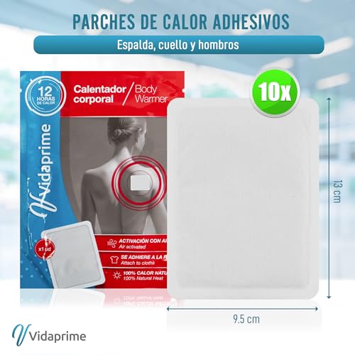 Vidaprime Pack x10 Parches de Calor para la Espalda Cuello y Hombros CALOR CALMANTE PROFUNDO - Parches Calor Lumbar INSTANTÁNEO ADHESIVO - Parches Térmicos lumbares Dolor Muscular ALIVIO LAS 24 HORAS