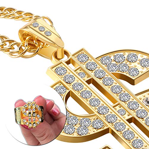 Vientiane Hombre Chapado en Oro Hip Hop Collares y Anillos, Cadena Chapada en Rapero, Anillo Enchapado en Hip-Hop, Cadena de Collar Colgante con Signo de Dólar, Cadena Colgante en Oro de Cantante Rap