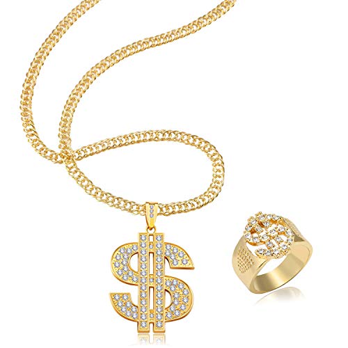 Vientiane Hombre Chapado en Oro Hip Hop Collares y Anillos, Cadena Chapada en Rapero, Anillo Enchapado en Hip-Hop, Cadena de Collar Colgante con Signo de Dólar, Cadena Colgante en Oro de Cantante Rap