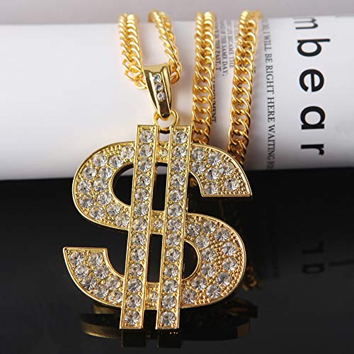 Vientiane Hombre Chapado en Oro Hip Hop Collares y Anillos, Cadena Chapada en Rapero, Anillo Enchapado en Hip-Hop, Cadena de Collar Colgante con Signo de Dólar, Cadena Colgante en Oro de Cantante Rap