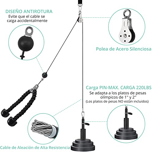 VINTEAM Kit de Cables de Poleas Sistema de Polea Gimnacio para Trabajar Bíceps, Tríceps, Hombros, Espalda Entrenamiento en Casa con Pasador de Carga Cuerda de Pulley Barra de Tracción Mosquetones