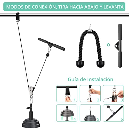 VINTEAM Kit de Cables de Poleas Sistema de Polea Gimnacio para Trabajar Bíceps, Tríceps, Hombros, Espalda Entrenamiento en Casa con Pasador de Carga Cuerda de Pulley Barra de Tracción Mosquetones