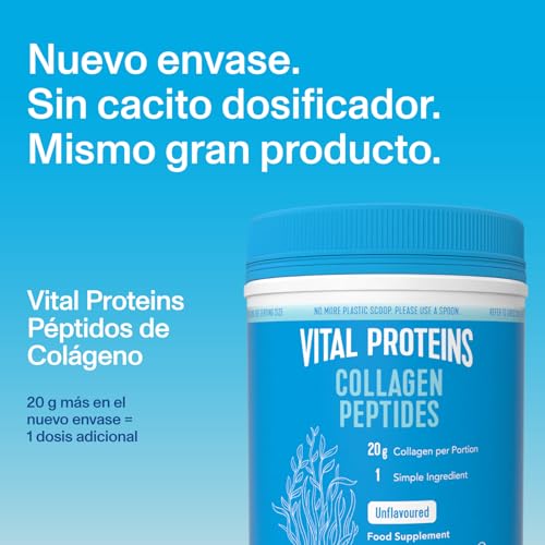 Vital Proteins Péptidos de Colágeno, complemento alimenticio en polvo, colágeno hidrolizado (Tipo I, III), sin sabor, para la piel, cabello, uñas, sin gluten, 20 g de colágeno por dosis, 587g