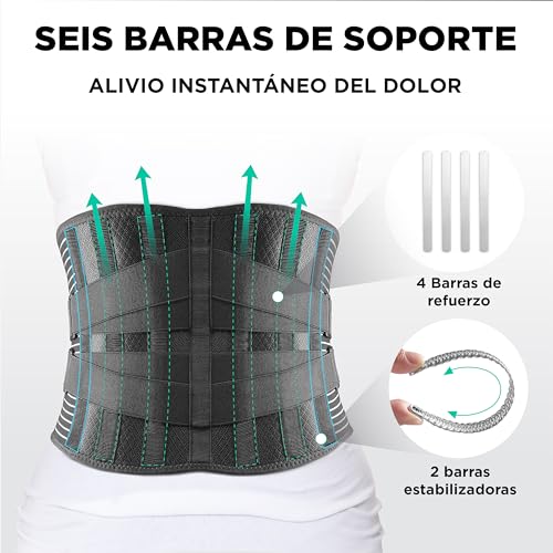 Vitalbak Faja Lumbar para Hombre y Mujer - Faja Lumbar Trabajo Transpirable - Estabiliza y ofrece Apoyo con 6 varillas de soporte - Cinturón Lumbar con Doble Ajuste - Gratis Bolsa de Transporte