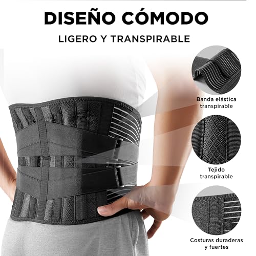 Vitalbak Faja Lumbar para Hombre y Mujer - Faja Lumbar Trabajo Transpirable - Estabiliza y ofrece Apoyo con 6 varillas de soporte - Cinturón Lumbar con Doble Ajuste - Gratis Bolsa de Transporte