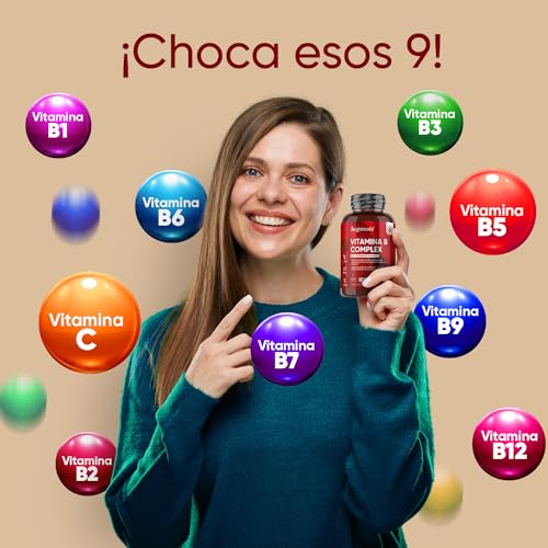 Vitamina B Complex con Vitamina C - 365 Comprimidos | Vitaminas 1 Año - Complejo B con Vitamina B1, B2, Vitamina B3, B5, B6, B8, B9, Vitamina B12 y Ácido Fólico | Apto para Veganos