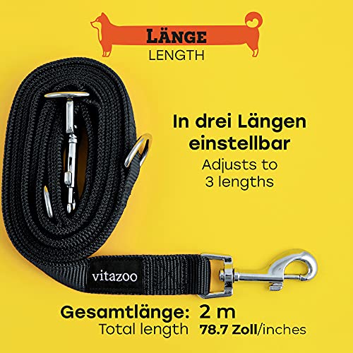 vitazoo Correa de Perro en Negro Grafito, Resistente y Ajustable en 3 Longitudes (1,4 m - 2,1 m) | con 2 años de garantía de satisfacción | Correa para Perro, Correa Doble, Fabricada