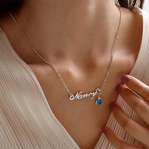 VNOX Collar Personalizado Acero Inoxidable,Collar Nombre Plateado Oro Rosa,Cadena Colgante Plata Mujer,Regalos Originales Para Mujer Navidad Cumpleaños Día de San Valentín(Piedra de nacimiento 1)