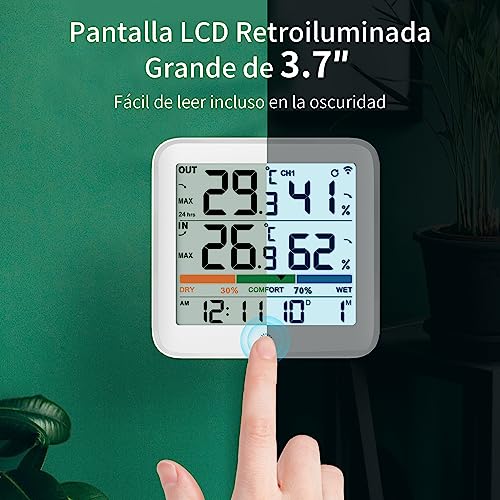 VOCOO Termómetro Higrómetro Interiores y Exteriors, digital Medidor de Humedad Temperatura estación meteorológica con 1 Sensor Inalámbrico Remoto,Interruptor ℃/℉, luz de Fondo