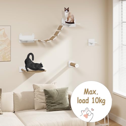 VORTZT Juego de Paruqe Gatos en Pared, Capacidad 10 kg, Hamaca para Gatos, Rascador Gatos de Sisal, Puente de Gato con Plataforma, Escaleras para Gatos, Blanco