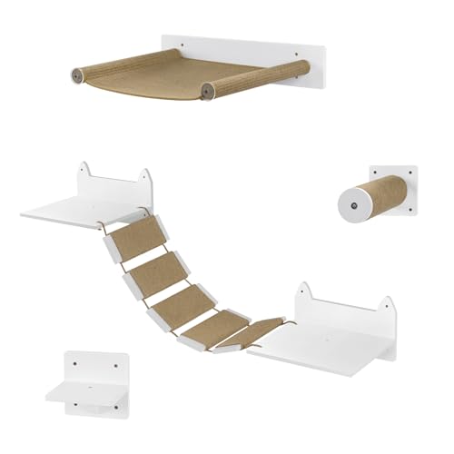 VORTZT Juego de Paruqe Gatos en Pared, Capacidad 10 kg, Hamaca para Gatos, Rascador Gatos de Sisal, Puente de Gato con Plataforma, Escaleras para Gatos, Blanco