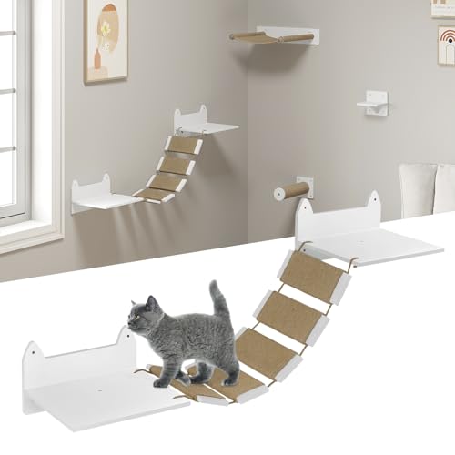 VORTZT Juego de Paruqe Gatos en Pared, Capacidad 10 kg, Hamaca para Gatos, Rascador Gatos de Sisal, Puente de Gato con Plataforma, Escaleras para Gatos, Blanco