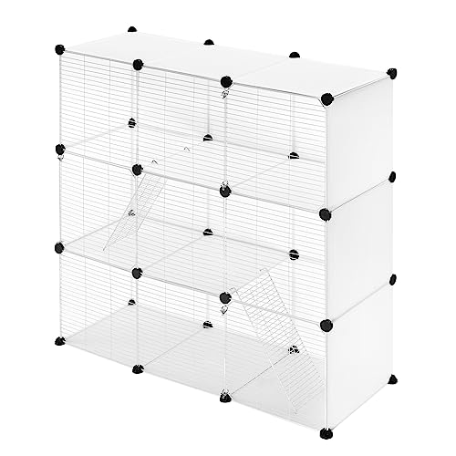 VORTZT Parque para Mascotas de Panel Modular de 35x35 cm, Valla para Conejos de Plástico, Recinto para Cobayas y Animales Pequeños, con 2 Rampas y 3 Puertas, Blanco