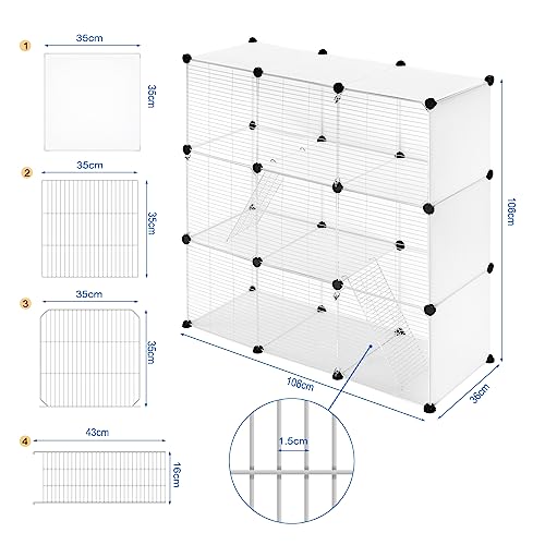 VORTZT Parque para Mascotas de Panel Modular de 35x35 cm, Valla para Conejos de Plástico, Recinto para Cobayas y Animales Pequeños, con 2 Rampas y 3 Puertas, Blanco