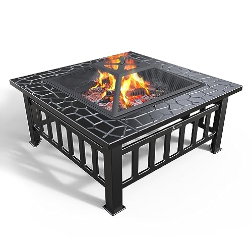 VOUNOT Brasero Exterior para Jardín y Terraza, 3 en 1 Metal Fire Pit, Pozo de Fuego con Protector de Chispas, 81 x 81 x 45 cm Negro