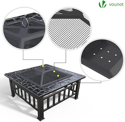 VOUNOT Brasero Exterior para Jardín y Terraza, 3 en 1 Metal Fire Pit, Pozo de Fuego con Protector de Chispas, 81 x 81 x 45 cm Negro