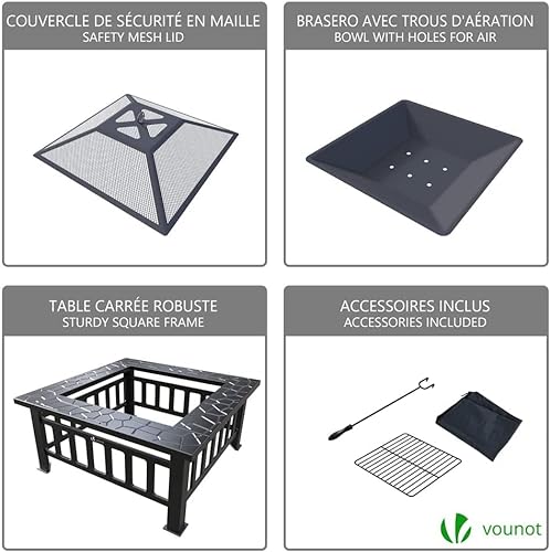 VOUNOT Brasero Exterior para Jardín y Terraza, 3 en 1 Metal Fire Pit, Pozo de Fuego con Protector de Chispas, 81 x 81 x 45 cm Negro