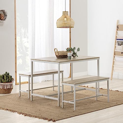 VS Venta-stock Conjunto Mesa y 2 Bancos Lisboa Blanco para Comedor o Cocina, Mesa 110 cm x 70 cm x 75 cm, Estructura metálica