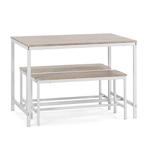 VS Venta-stock Conjunto Mesa y 2 Bancos Lisboa Blanco para Comedor o Cocina, Mesa 110 cm x 70 cm x 75 cm, Estructura metálica