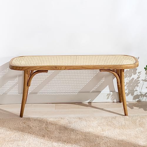 Wahson Banco de Comedor Madera Banco de Rattan, Banco Otomano de Pasillo Reposapiés Banco de Cocina para Salón/Entrada, Madera Natural