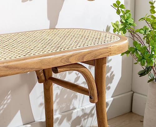 Wahson Banco de Comedor Madera Banco de Rattan, Banco Otomano de Pasillo Reposapiés Banco de Cocina para Salón/Entrada, Madera Natural