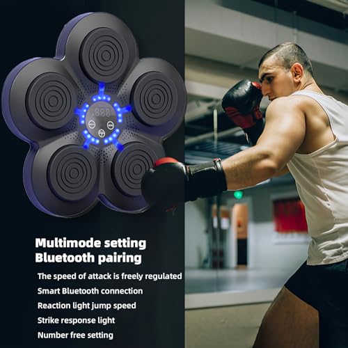 Warmfunn Boxeo Musical, Dispositivo de Boxeo Electrónico Portátil de Pared en Casa, Smart Bluetooth Music Boxeador Electrónico, Regalo de Boxeo para Niños y Adultos (Negro+Luz Azul+Guantes Adultos)