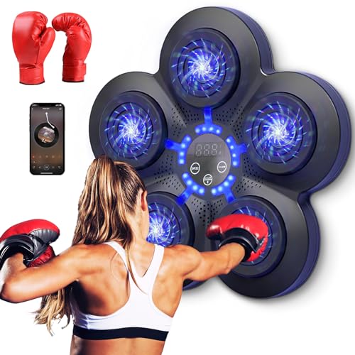 Warmfunn Boxeo Musical, Dispositivo de Boxeo Electrónico Portátil de Pared en Casa, Smart Bluetooth Music Boxeador Electrónico, Regalo de Boxeo para Niños y Adultos (Negro+Luz Azul+Guantes Adultos)