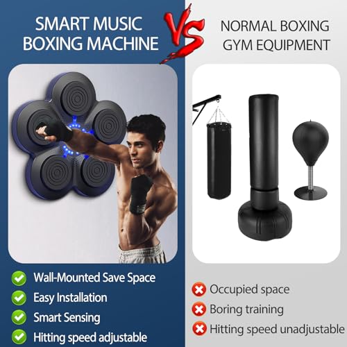 Warmfunn Boxeo Musical, Dispositivo de Boxeo Electrónico Portátil de Pared en Casa, Smart Bluetooth Music Boxeador Electrónico, Regalo de Boxeo para Niños y Adultos (Negro+Luz azul+guantes para niños)