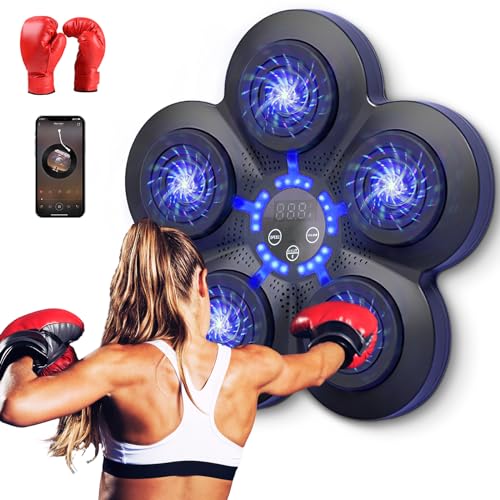 Warmfunn Boxeo Musical, Dispositivo de Boxeo Electrónico Portátil de Pared en Casa, Smart Bluetooth Music Boxeador Electrónico, Regalo de Boxeo para Niños y Adultos (Negro+Luz azul+guantes para niños)