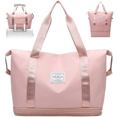 Wasarmir Bolsa de Viaje Plegable, Bolsa Deporte Impermeable con Bolsa Húmeda, Expandible Bolsas de Viaje Mujer Fin de Semana, Ligera Bolsa Gimnasio Bolsa de Mano para Deporte, Vacaciones, Rosa