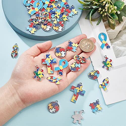 WEBEEDY 48 Pieza de Abalorios de Autismo Colgantes de Cinta Corazón Cuadrado con Abalorios En Forma de Rompecabezas para Hacer Joyas, Collares, Pulseras, Llaveros, Manualidades, Decoraciones