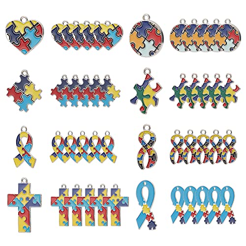 WEBEEDY 48 Pieza de Abalorios de Autismo Colgantes de Cinta Corazón Cuadrado con Abalorios En Forma de Rompecabezas para Hacer Joyas, Collares, Pulseras, Llaveros, Manualidades, Decoraciones