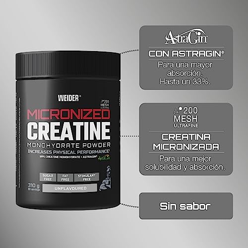 Weider Micronized Creatine Monohydrate Powder (310g) Sabor Neutro. 99% Monohidrato de Creatina 200 Mesh con AstraGin, Sin Azúcar, Sin Grasa, Sin Estimulante, Vegano, Aumento del Rendimiento Físico