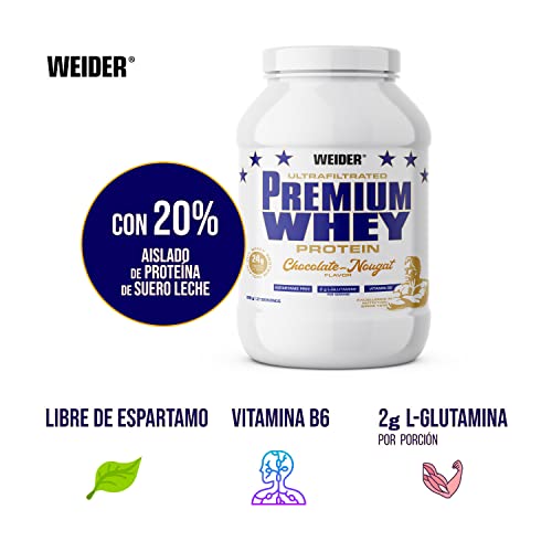 Weider Premium Whey Protein (810g). Sabor Chocolate-Nougat. Proteínas de Concentrado + 20% de Aislado de Proteina de Suero de Leche (CFM). Con L-Glutamina y Vitamina B6. Sin aspartamo.