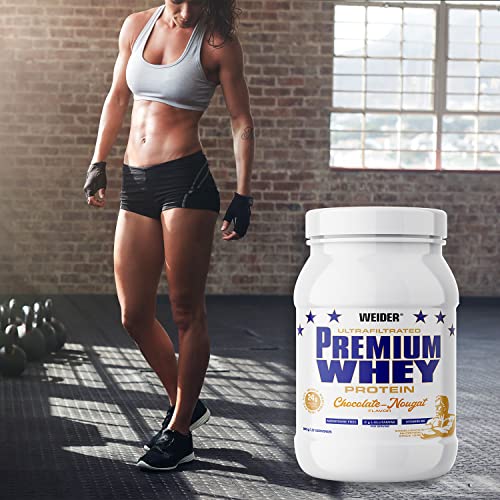 Weider Premium Whey Protein (810g). Sabor Chocolate-Nougat. Proteínas de Concentrado + 20% de Aislado de Proteina de Suero de Leche (CFM). Con L-Glutamina y Vitamina B6. Sin aspartamo.